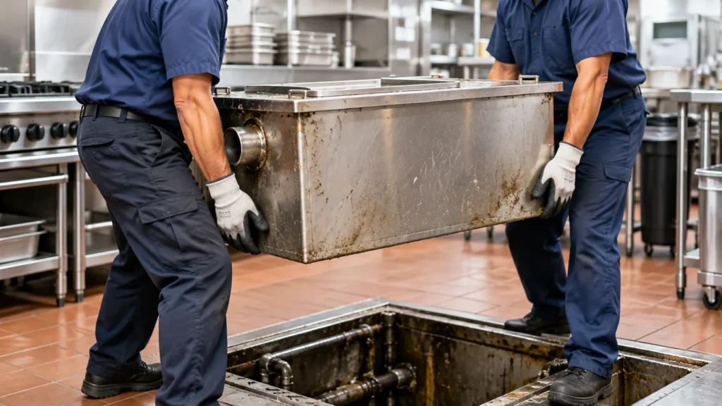 Grease trap installation: two technicians lifting a new stainless steel grease trap into place