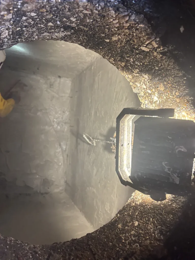 Inside of a concrete grease trap after repair, its walls smooth and evenly coated, lit by a work light